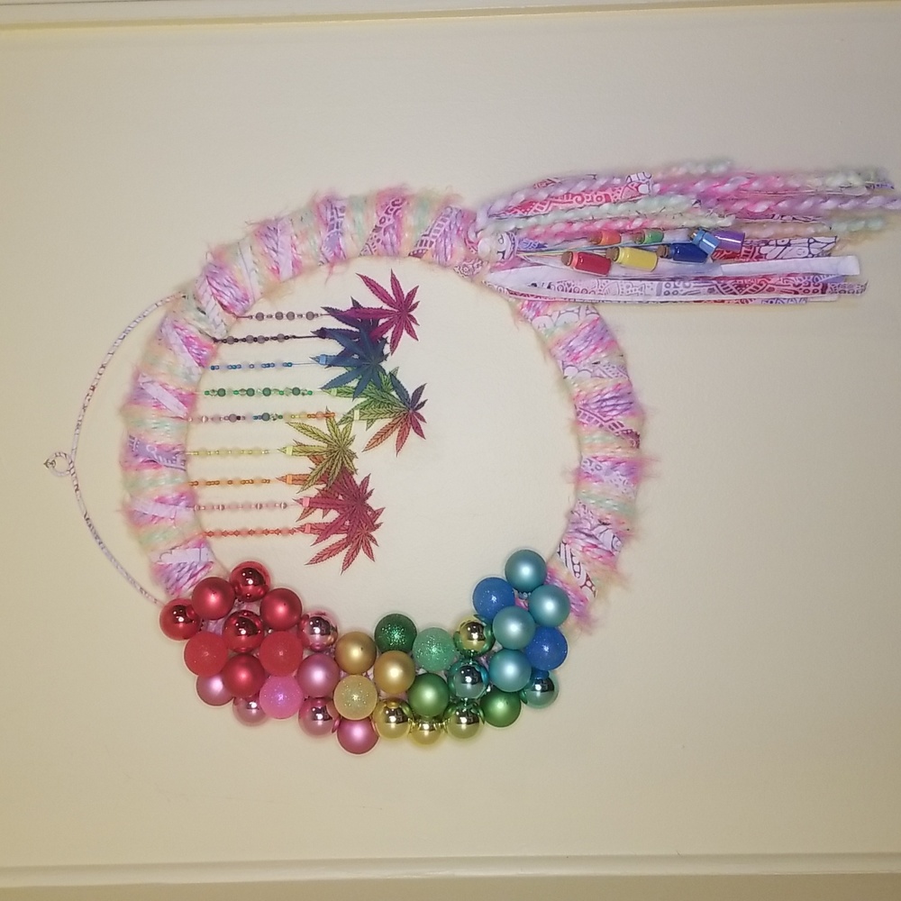 Hand Crafted Homemade Rainbow Wreath with Hand Drawn Cannabis Leaves